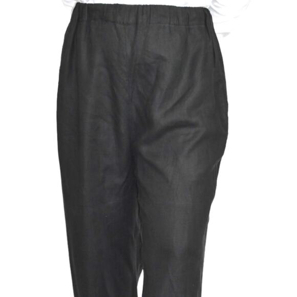 Black Linen Pant Embroidery Border Hem Floral Elastic High Waist Straight Medium - Picture 5 of 14